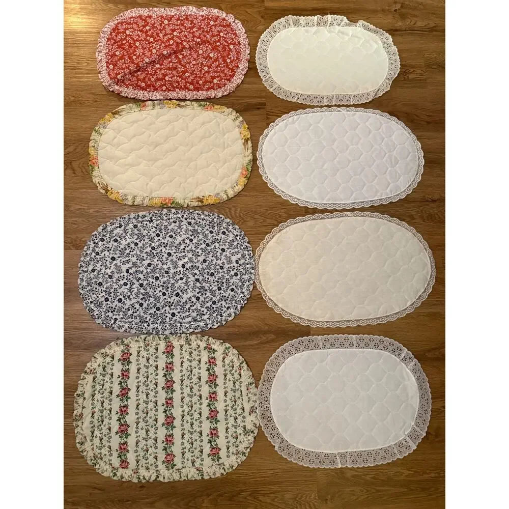 Lot of 8 Vintage Quilted Oval Table Placemats Doilies Lace Floral Cottage